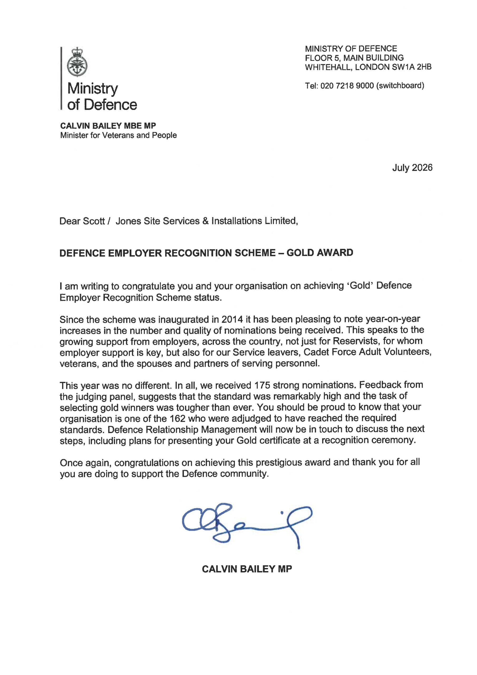Official Ministry of Defence Gold Award Letter